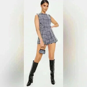 Pretty Little Thing Monochrome Tweed Fringe Romper Size 6 Black & White NWT